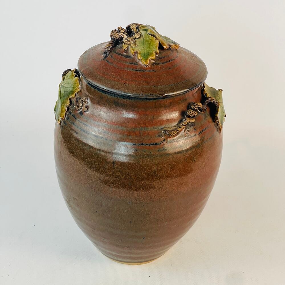 Studio Art Leaf Brown Pottery Jar with Lid; Signed